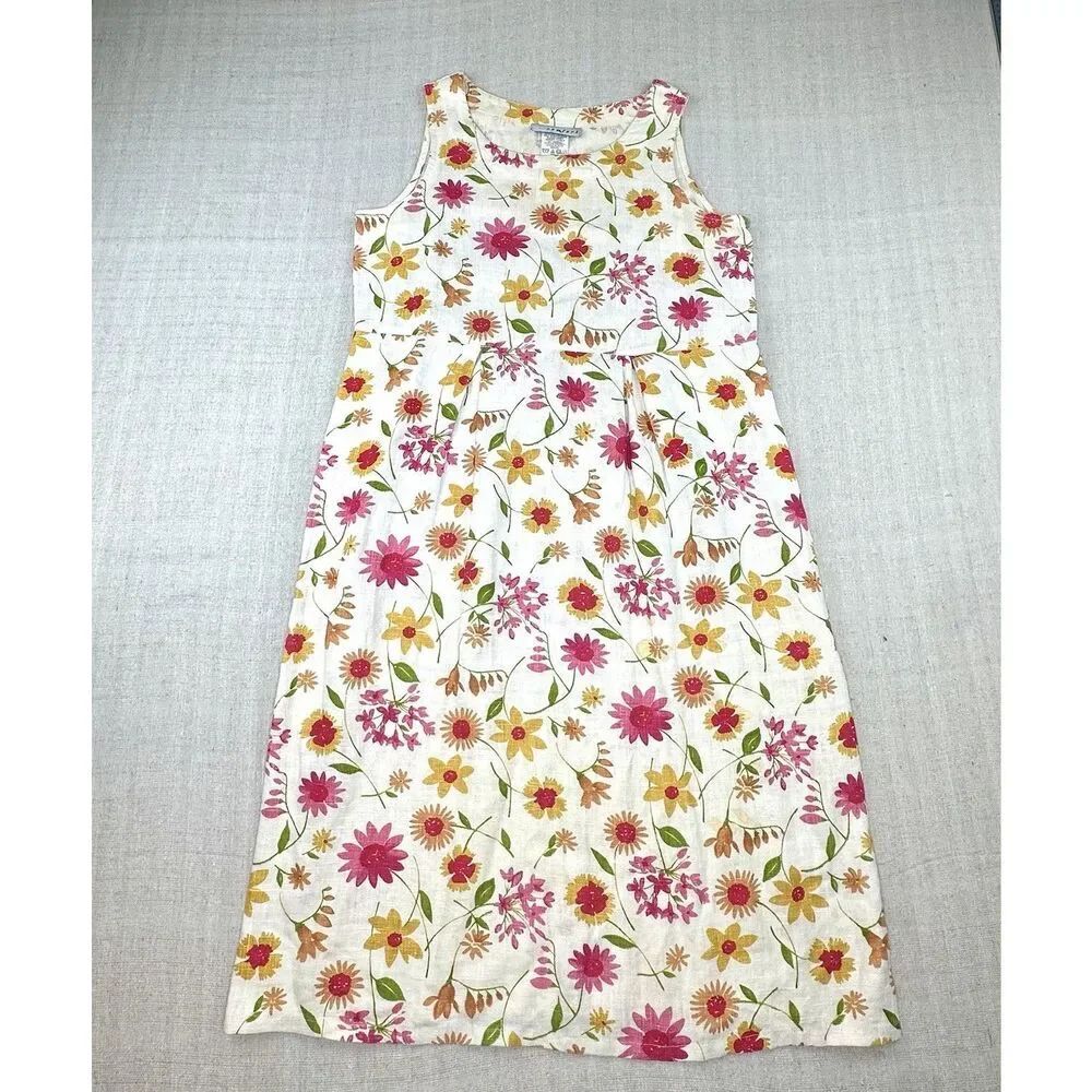Vintage Real Comfort Linen Blend Floral Midi Dress Sleeveless A-Line Women’s 6